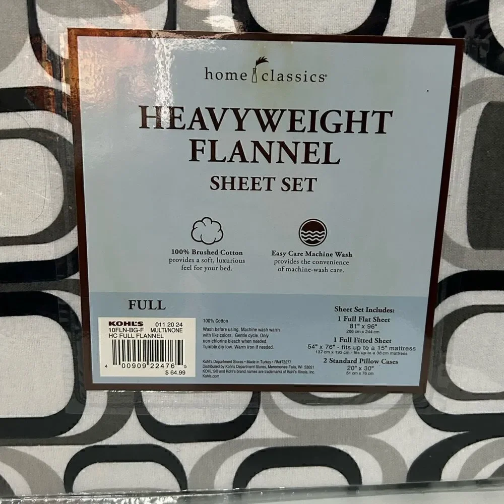 NWT Home Classics Full Size Flannel Sheet Set Heavyweight 100% Cotton Geometric